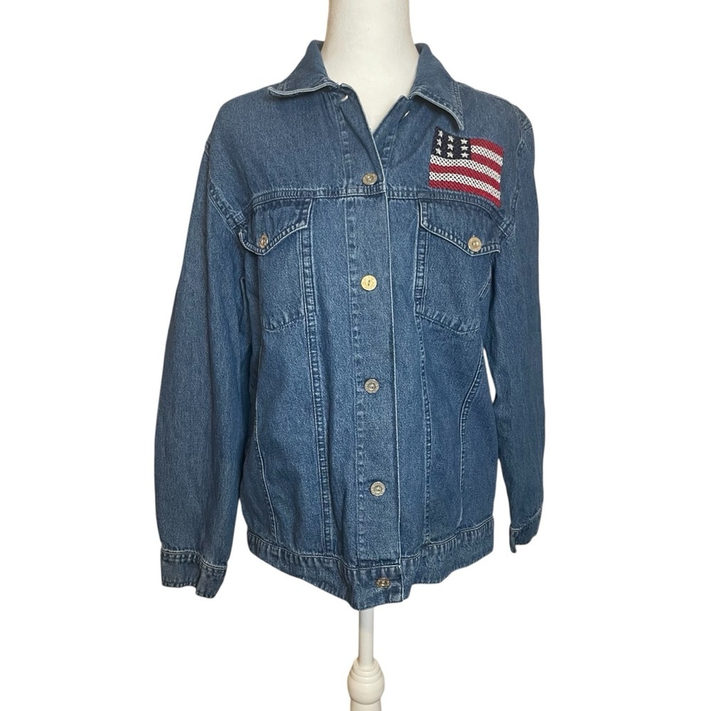 Denim & Co Womens Denim Jean Jacket Blue 100% Cotton USA Flag Embroidery Medium